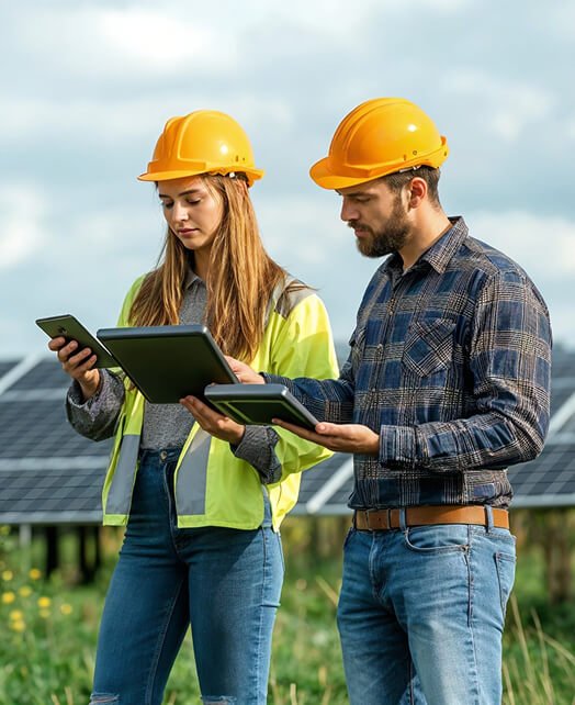 Solar engineers reviewing a clean energy installation