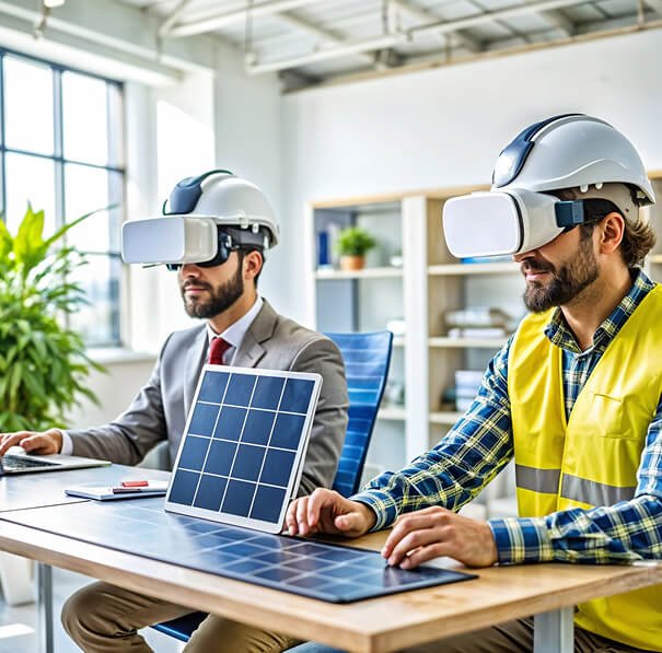 Solar energy professionals using immersive technology to plan a solar installation