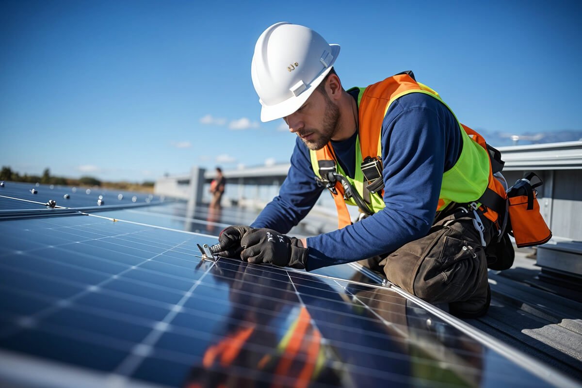 Technician maintaining a solar installation